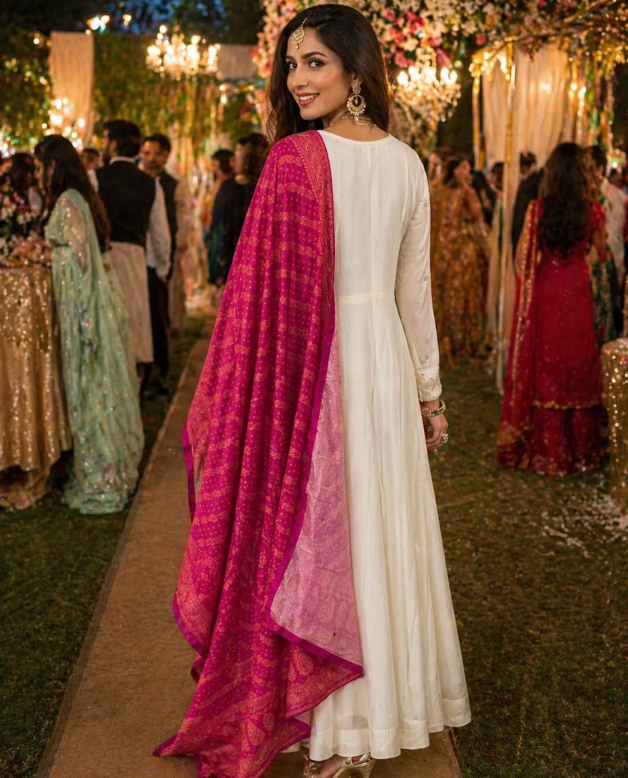 WHITE - White Georgette Chikankari and Embroidered Work Gown