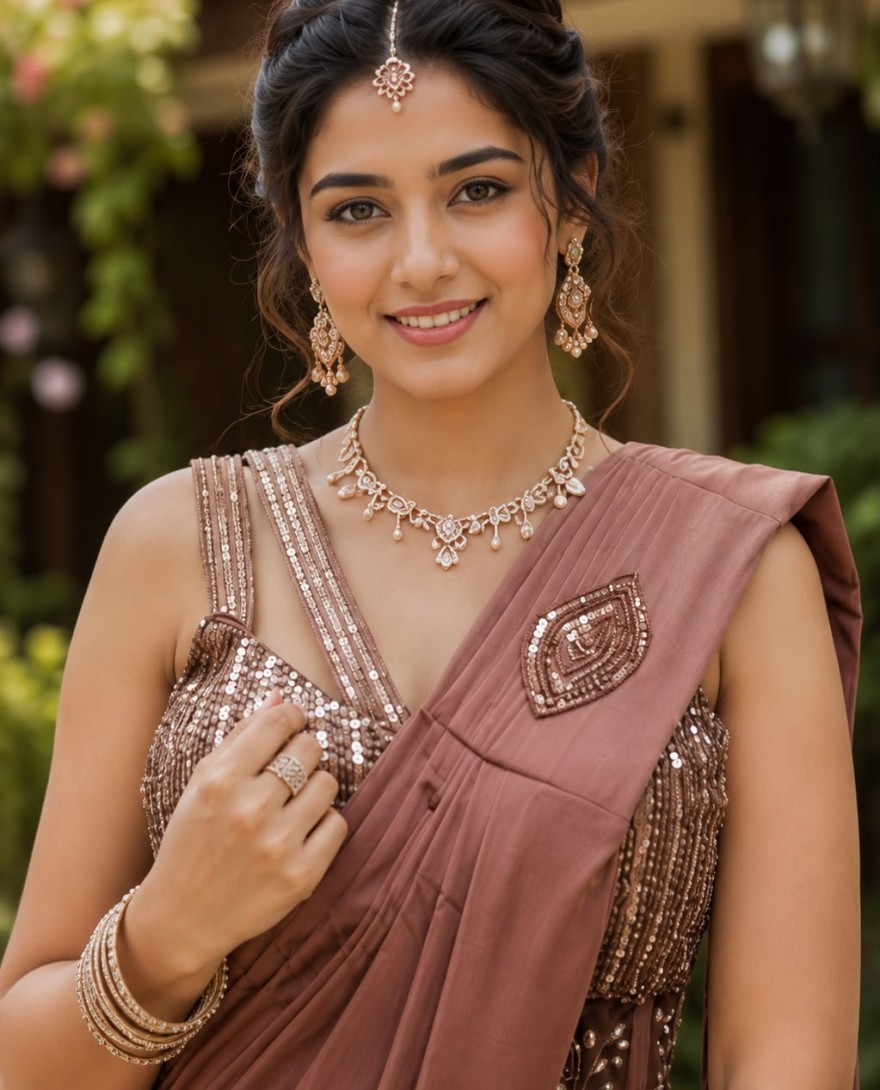 BROWN - Brown Lycra Embroidered and Sequins Work Contemporary Sari
