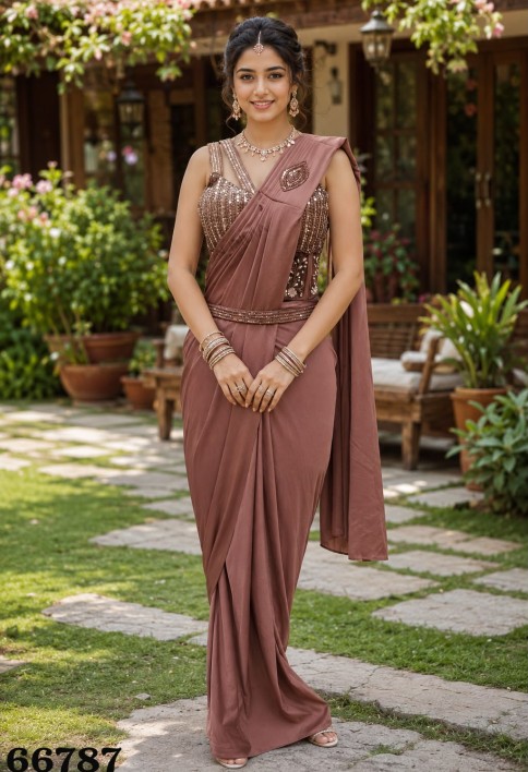 Brown Lycra Embroidered and Sequins Work Contemporary Sari