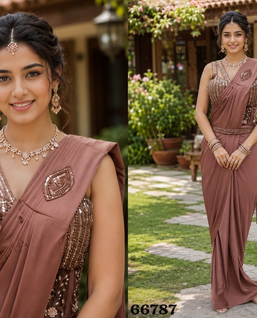 BROWN - Brown Lycra Embroidered and Sequins Work Contemporary Sari