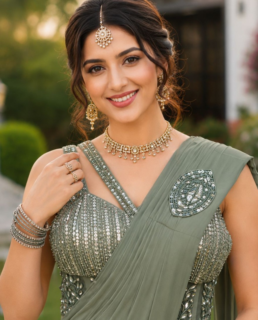GREEN - Embroidered and Sequins Work Lycra Classic Sari In Sea Green Colour