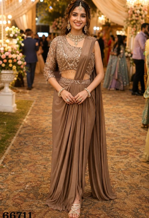 Brown Lycra Embroidered Work Contemporary Saree
