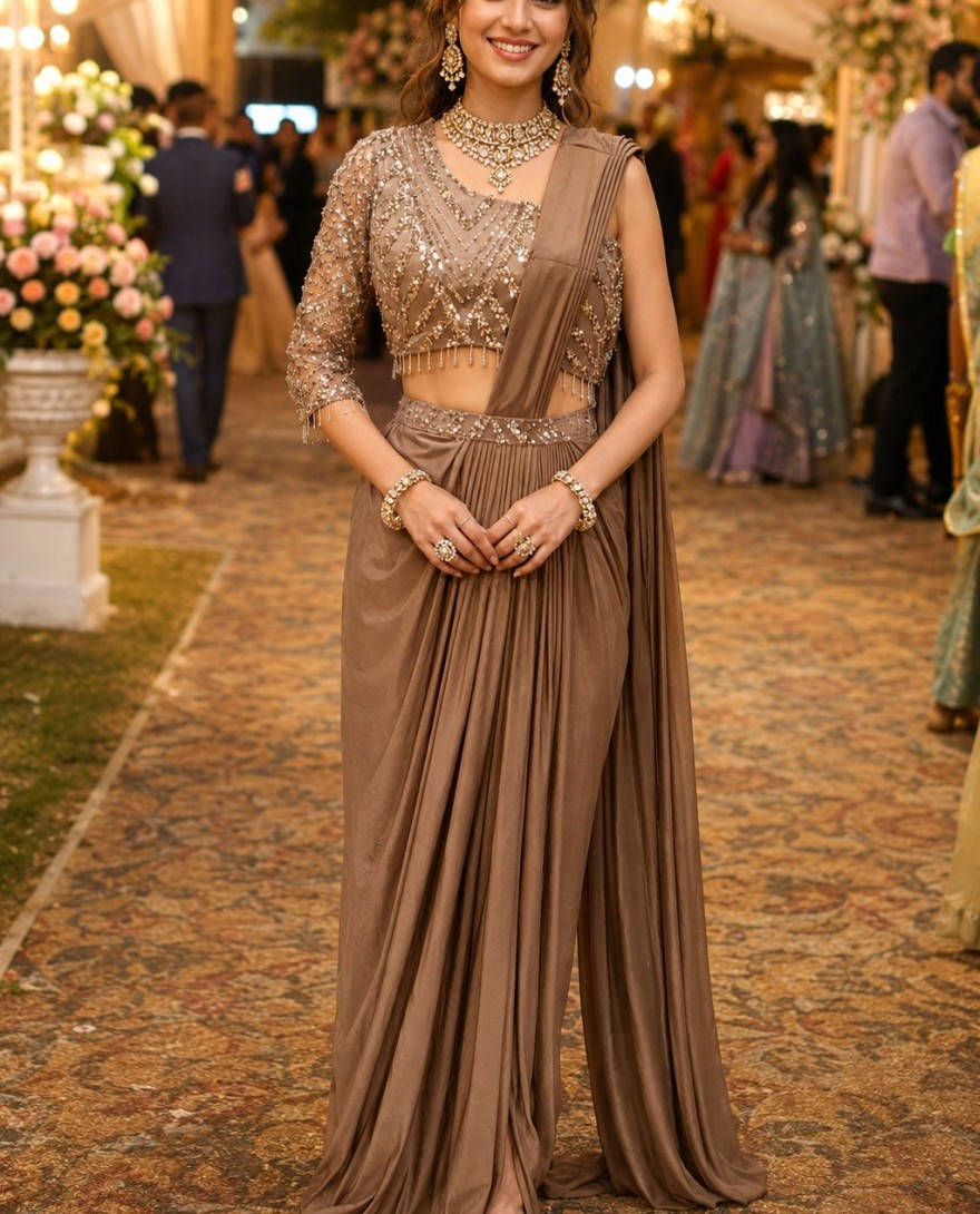 BROWN - Brown Lycra Embroidered Work Contemporary Saree