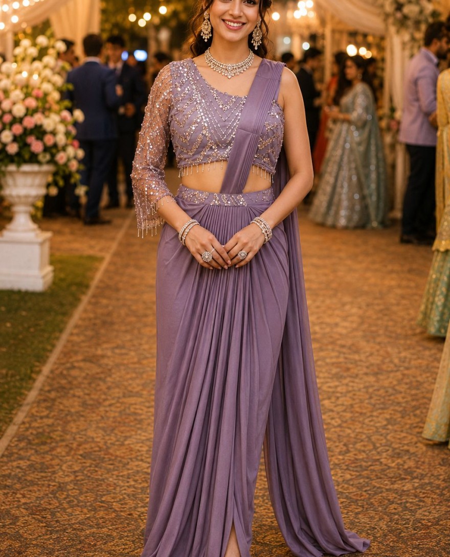 PURPLE - Lavender Lycra Classic Saree