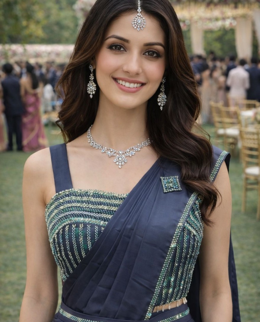 BLUE - Grey Satin Classic Sari with Embroidered and Lace Work