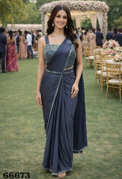 Grey Satin Classic Sari with Embroidered and Lace Work