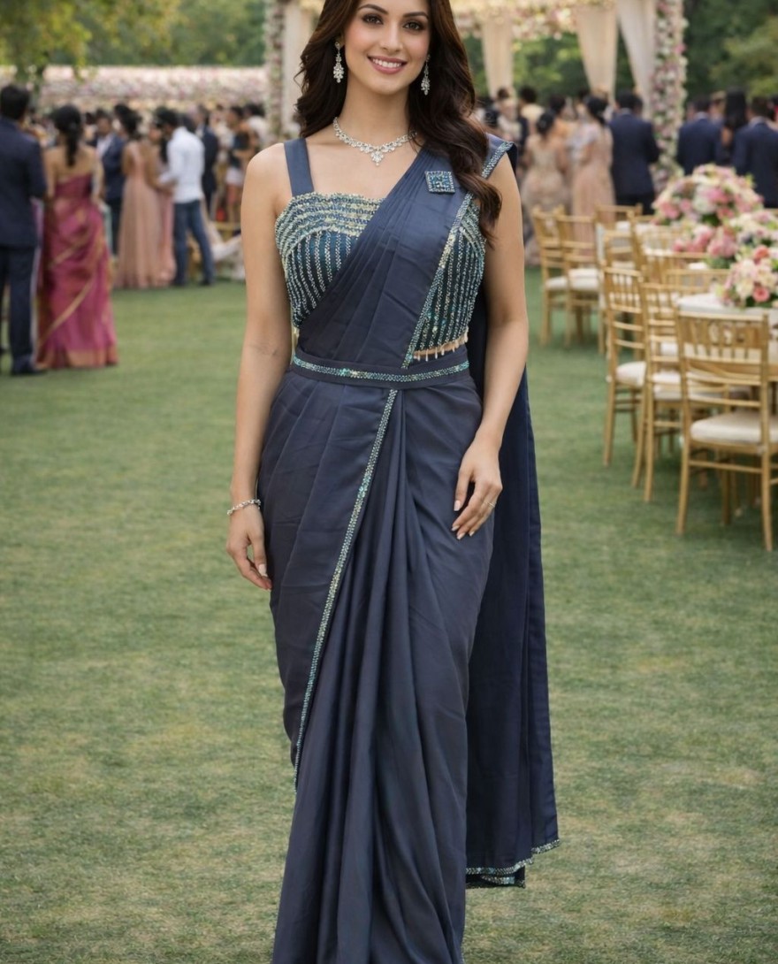 BLUE - Grey Satin Classic Sari with Embroidered and Lace Work