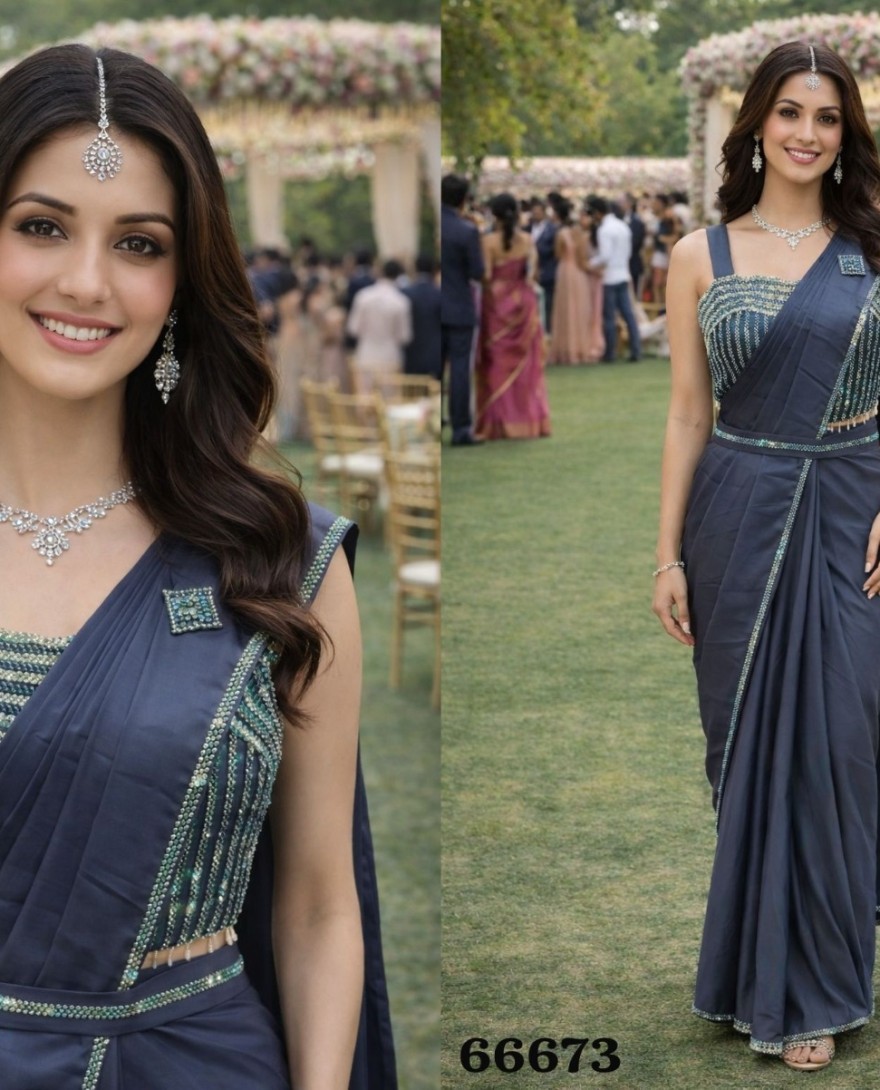 BLUE - Grey Satin Classic Sari with Embroidered and Lace Work