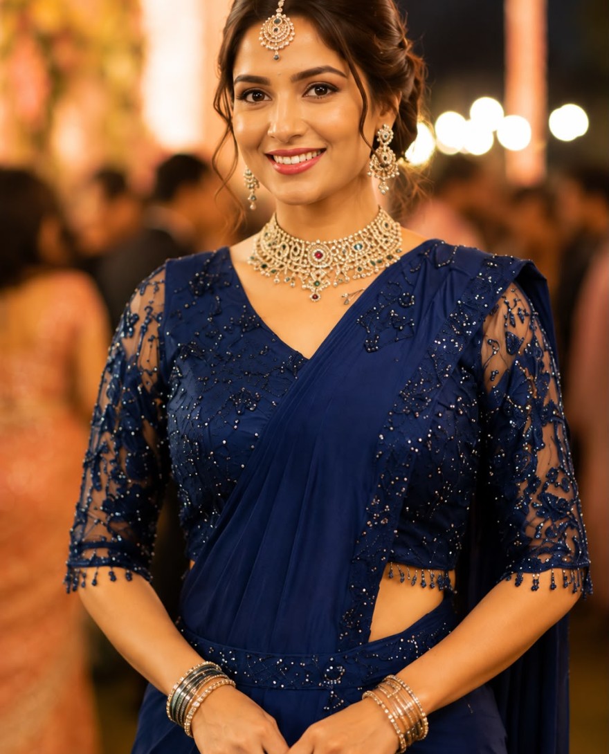 BLACK - Blue Lycra Embroidered Work Classic Saree