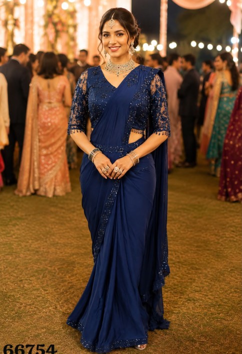 Blue Lycra Embroidered Work Classic Saree