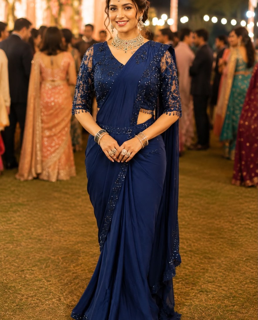 BLACK - Blue Lycra Embroidered Work Classic Saree