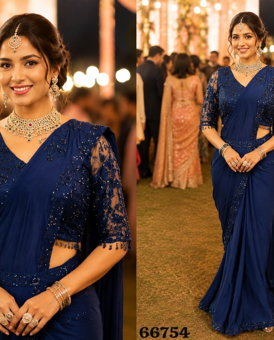 BLACK - Blue Lycra Embroidered Work Classic Saree