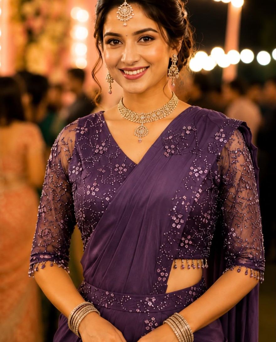 PURPLE - Purple Lycra Embroidered Work Contemporary Saree
