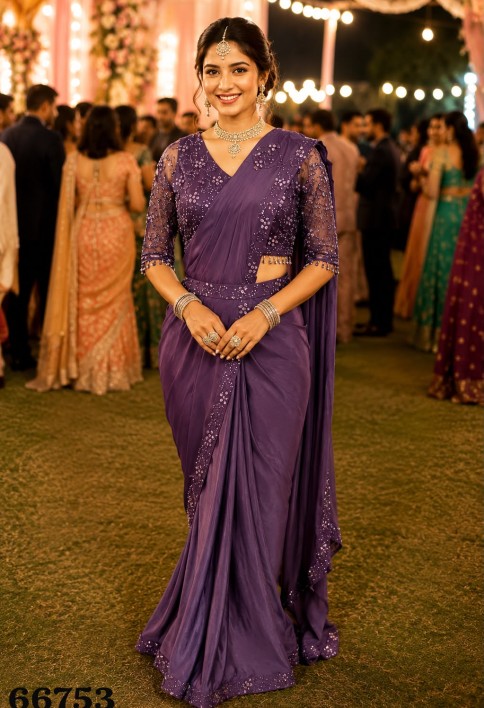 Purple Lycra Embroidered Work Contemporary Saree