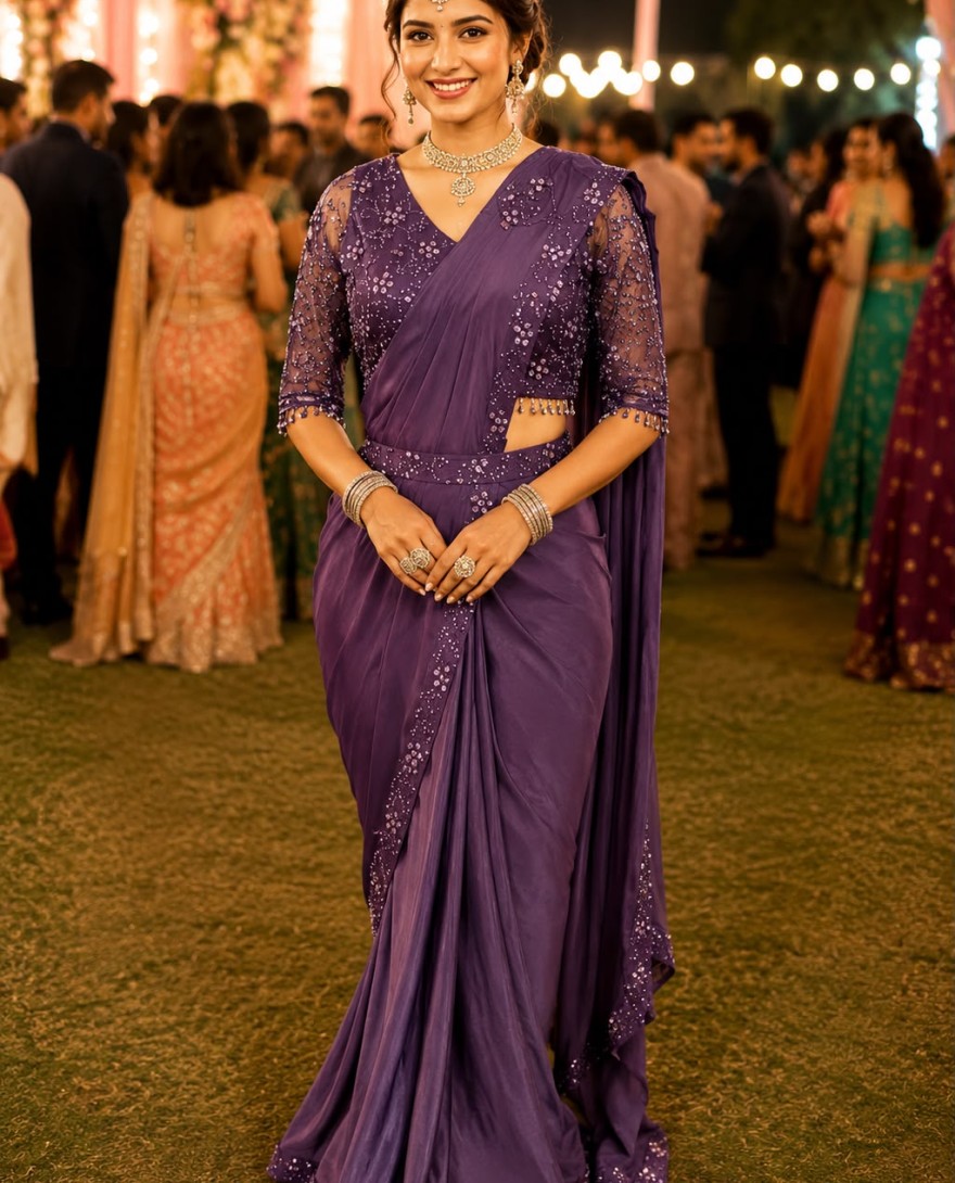 PURPLE - Purple Lycra Embroidered Work Contemporary Saree