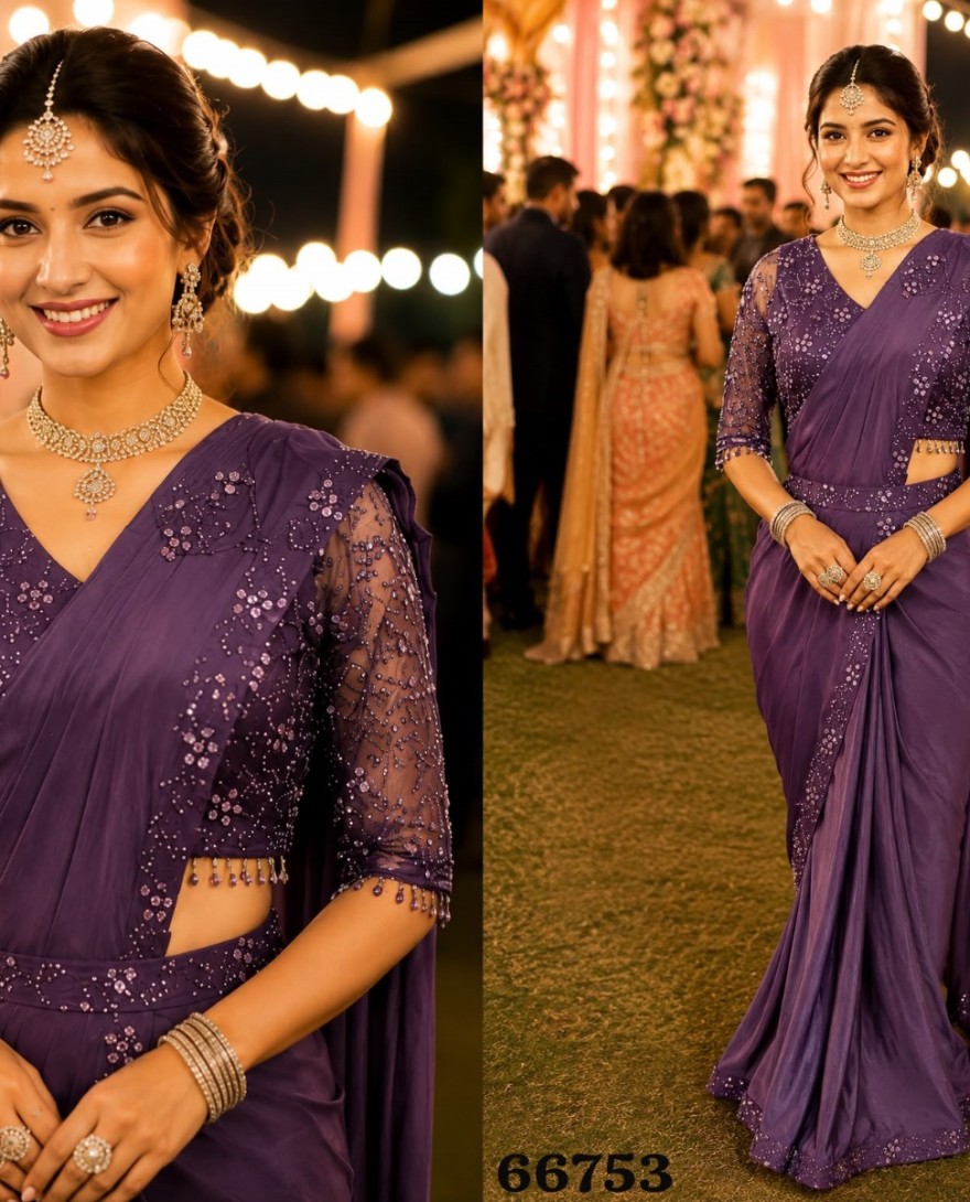 PURPLE - Purple Lycra Embroidered Work Contemporary Saree