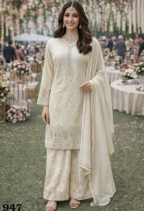 Cream Georgette Palazzo Suit With Sequins Accent