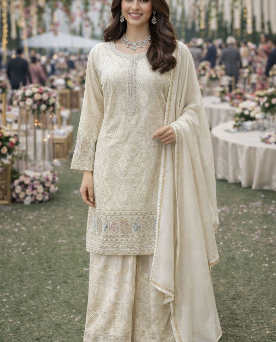 CREAM - Cream Georgette Palazzo Suit With Sequins Accent