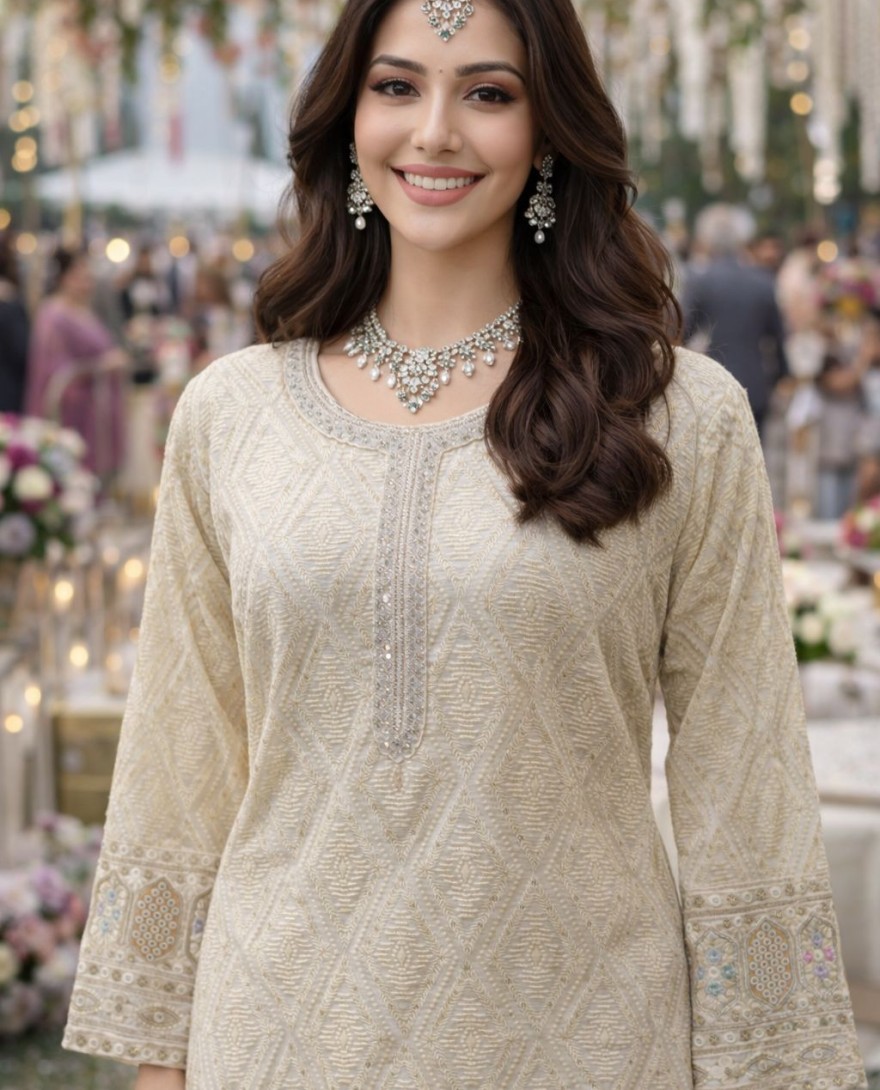 CREAM - Cream Georgette Palazzo Suit With Sequins Accent