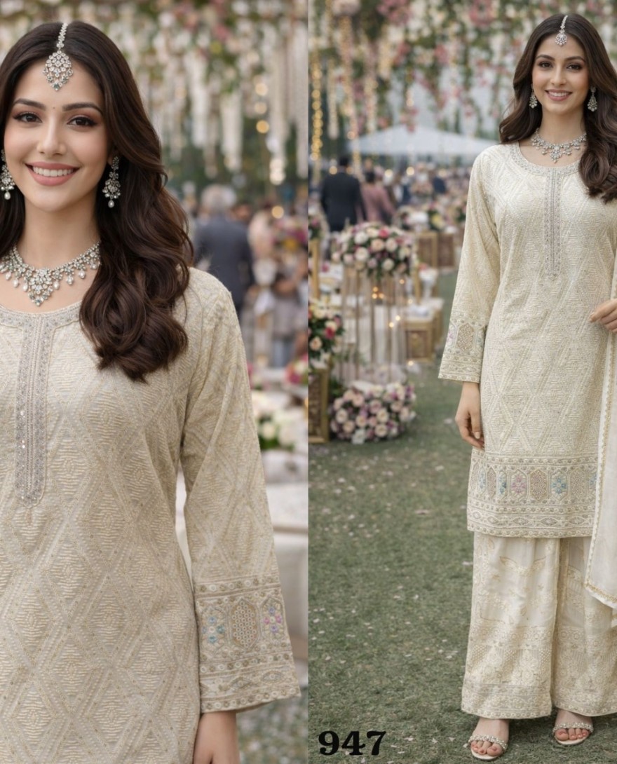 CREAM - Cream Georgette Palazzo Suit With Sequins Accent
