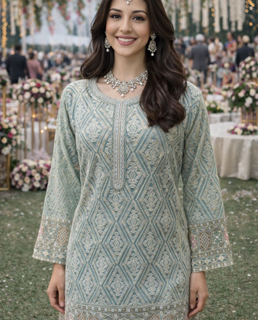 BLUE - Pastel Blue Georgette Palazzo Suit With Embroidery