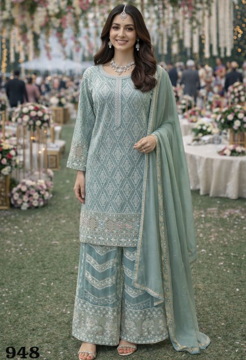 Pastel Blue Georgette Palazzo Suit With Embroidery
