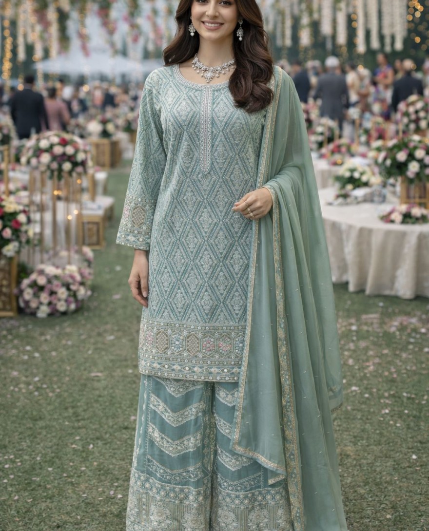 BLUE - Pastel Blue Georgette Palazzo Suit With Embroidery