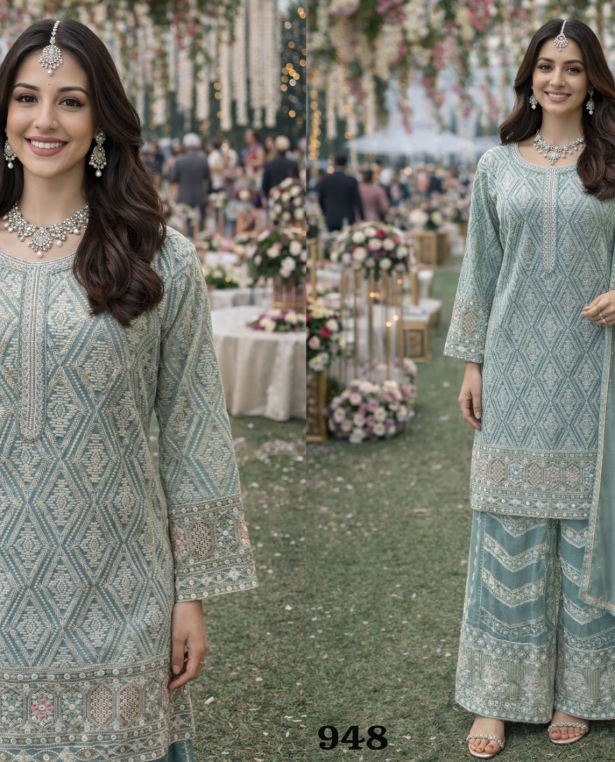 BLUE - Pastel Blue Georgette Palazzo Suit With Embroidery