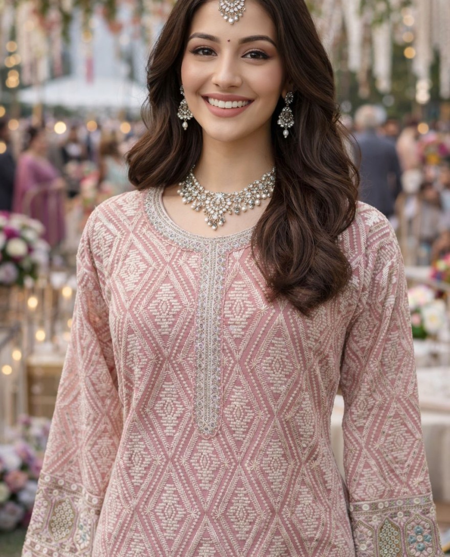 PINK - Pink Georgette Palazzo Suit With Sequins Work