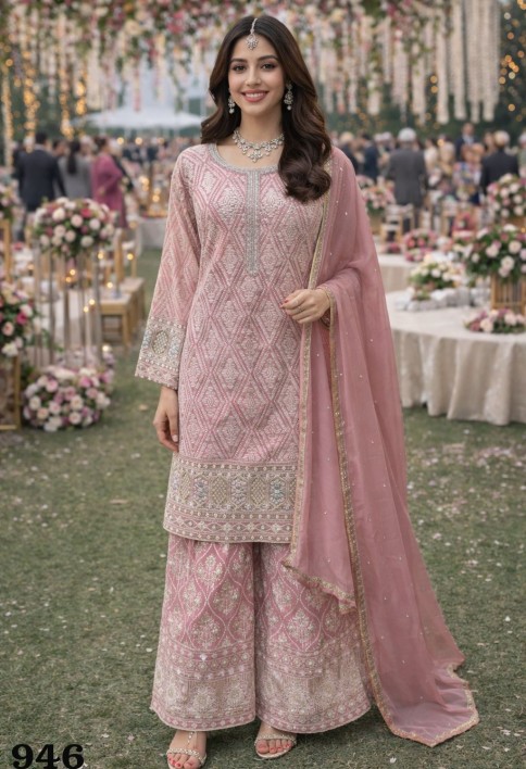 Pink Georgette Palazzo Suit With Sequins Work