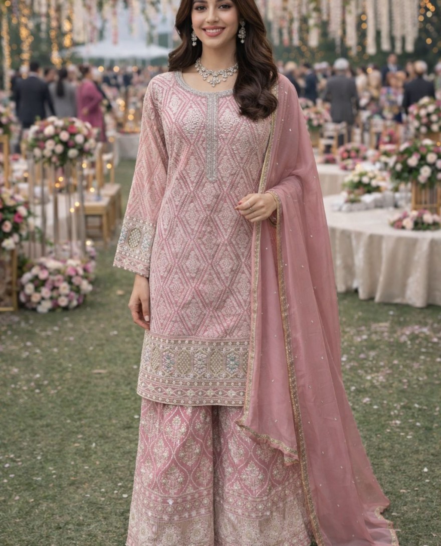 PINK - Pink Georgette Palazzo Suit With Sequins Work