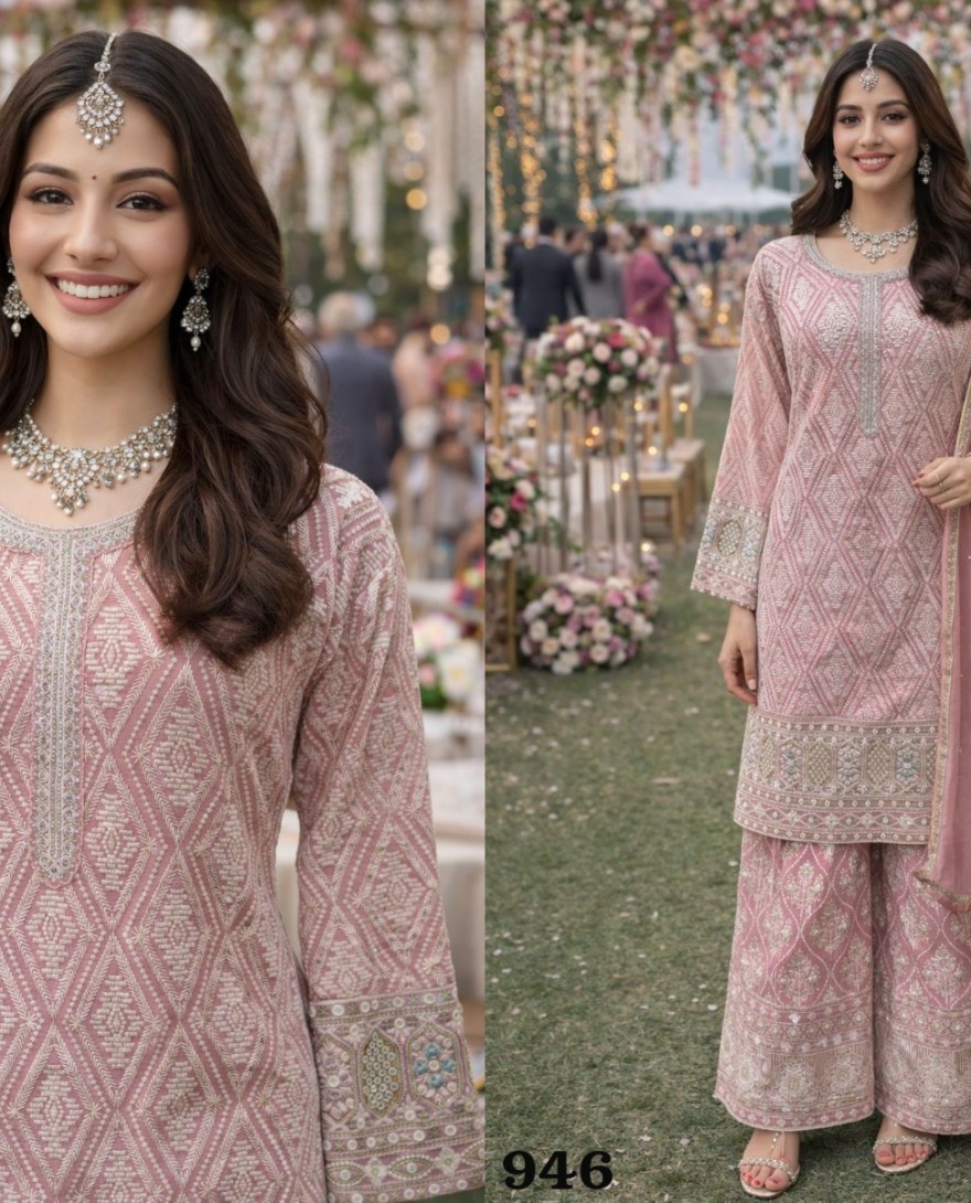 PINK - Pink Georgette Palazzo Suit With Sequins Work