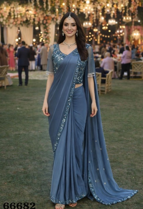 Pleasing Blue Lycra Contemporary Saree with Embroidered Work