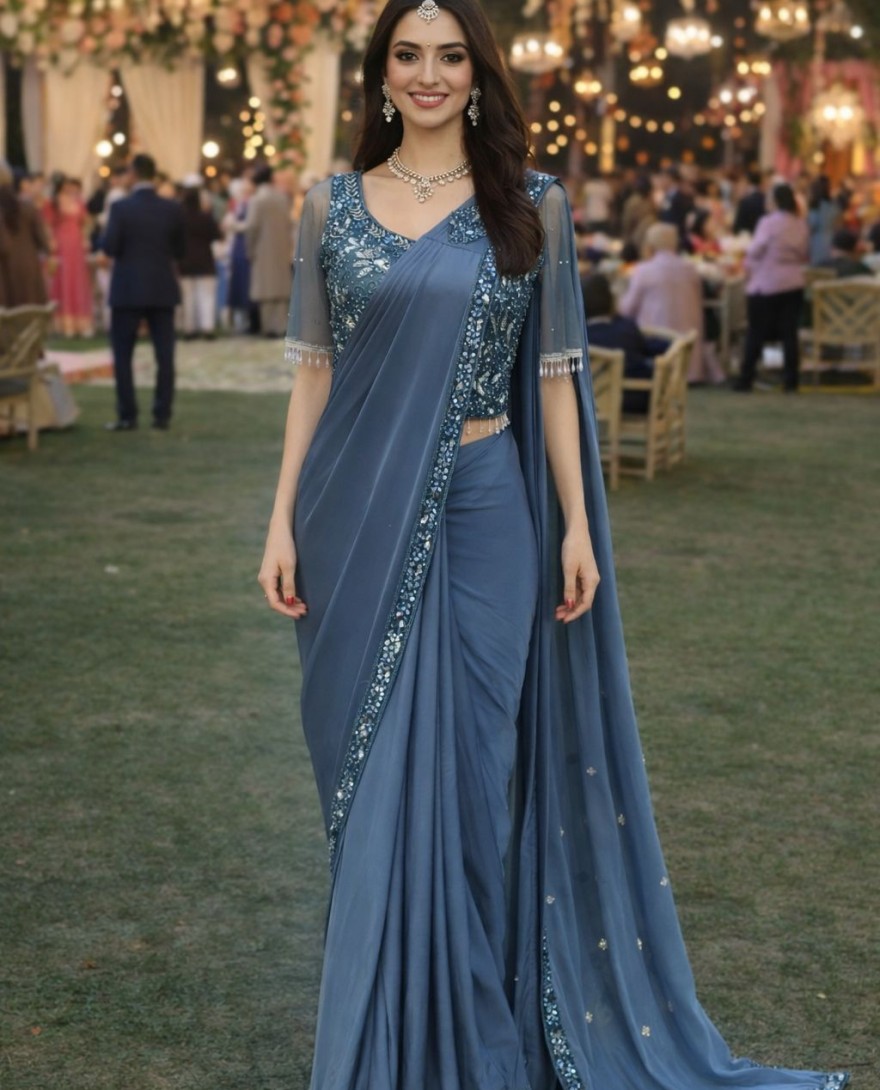 BLUE - Pleasing Blue Lycra Contemporary Saree with Embroidered Work