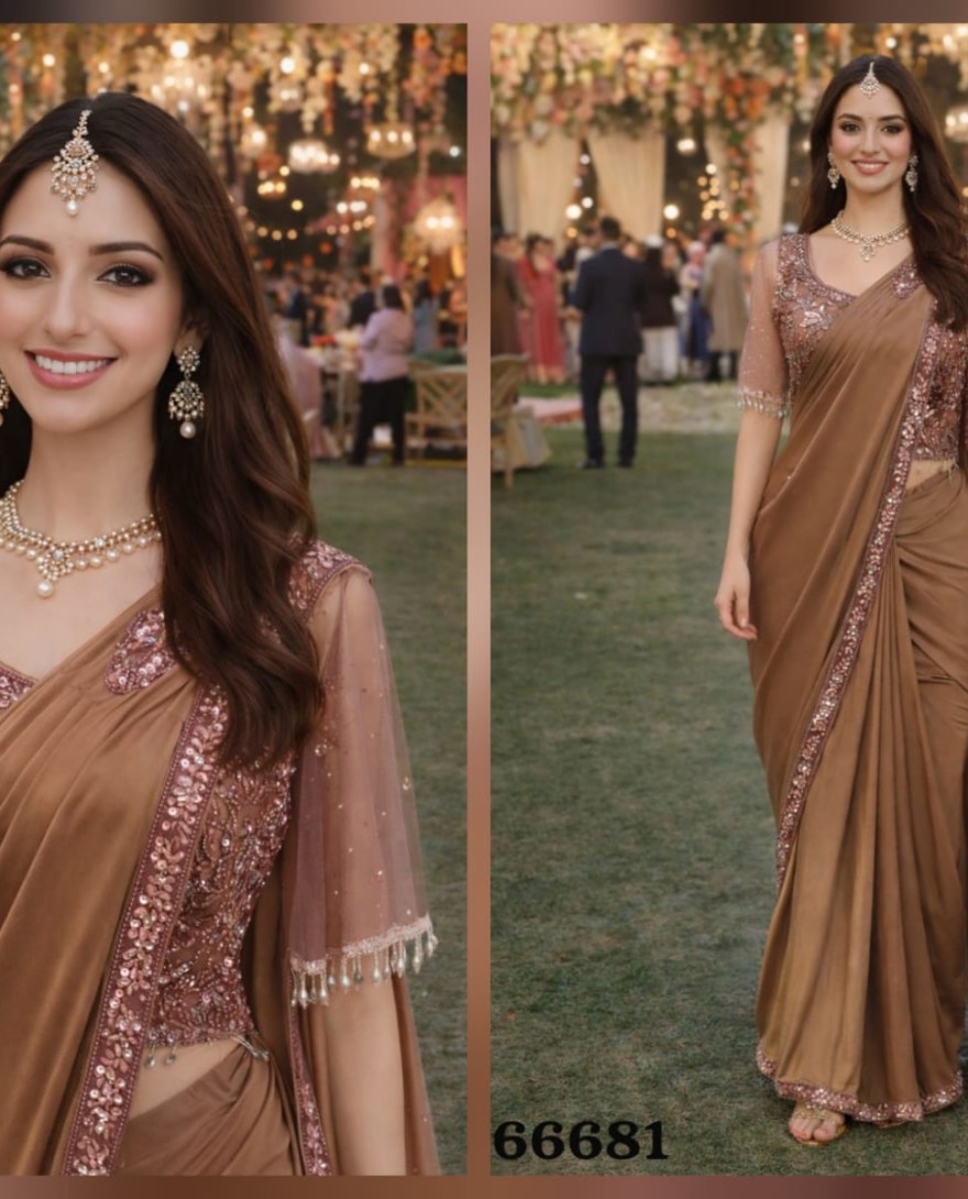 BROWN - Brown Lycra Embroidered Work Trendy Saree for Festival