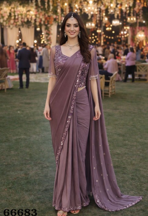 Embroidered Work Lycra Classic Saree In Mauve Colour