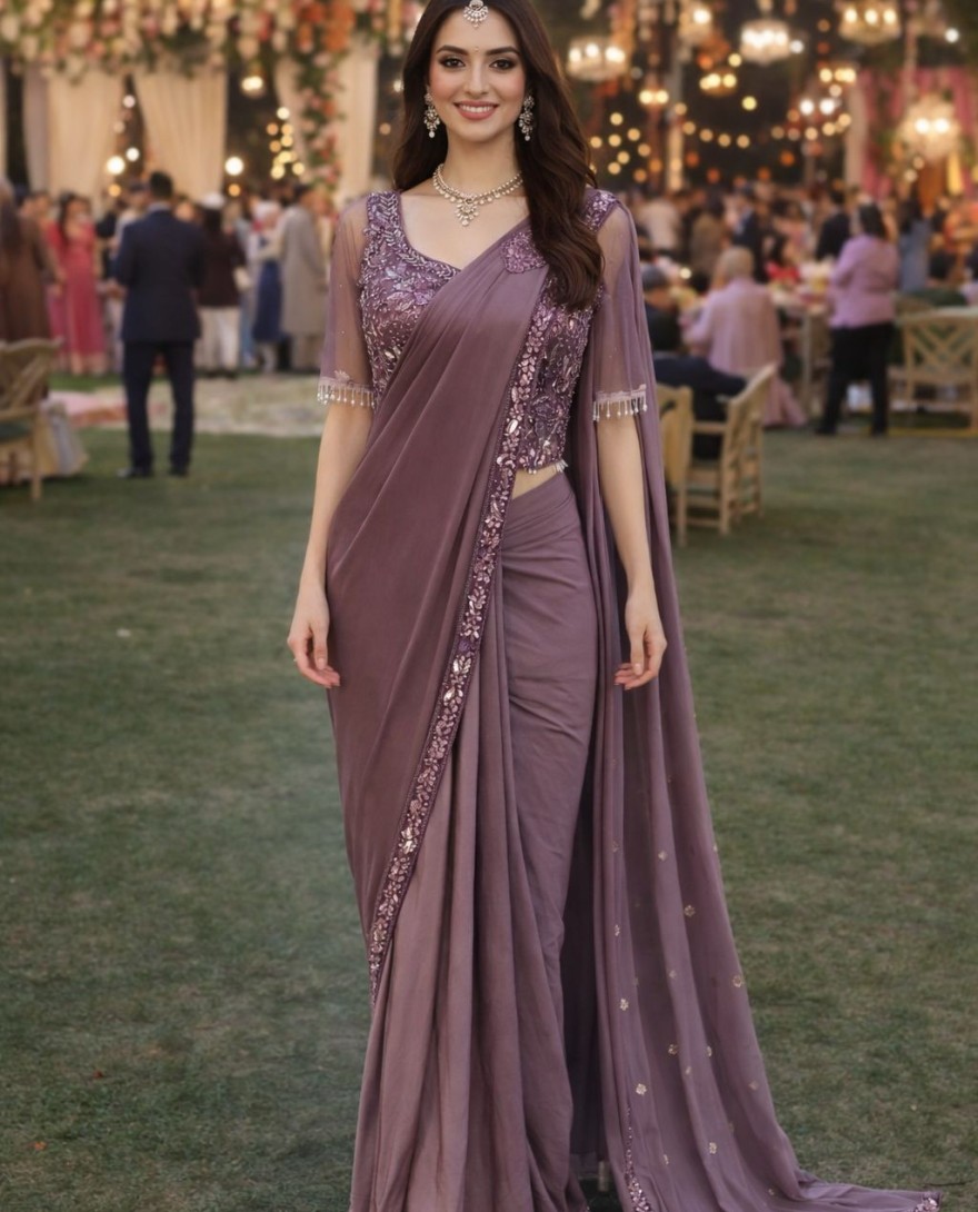 MAUVE - Embroidered Work Lycra Classic Saree In Mauve Colour