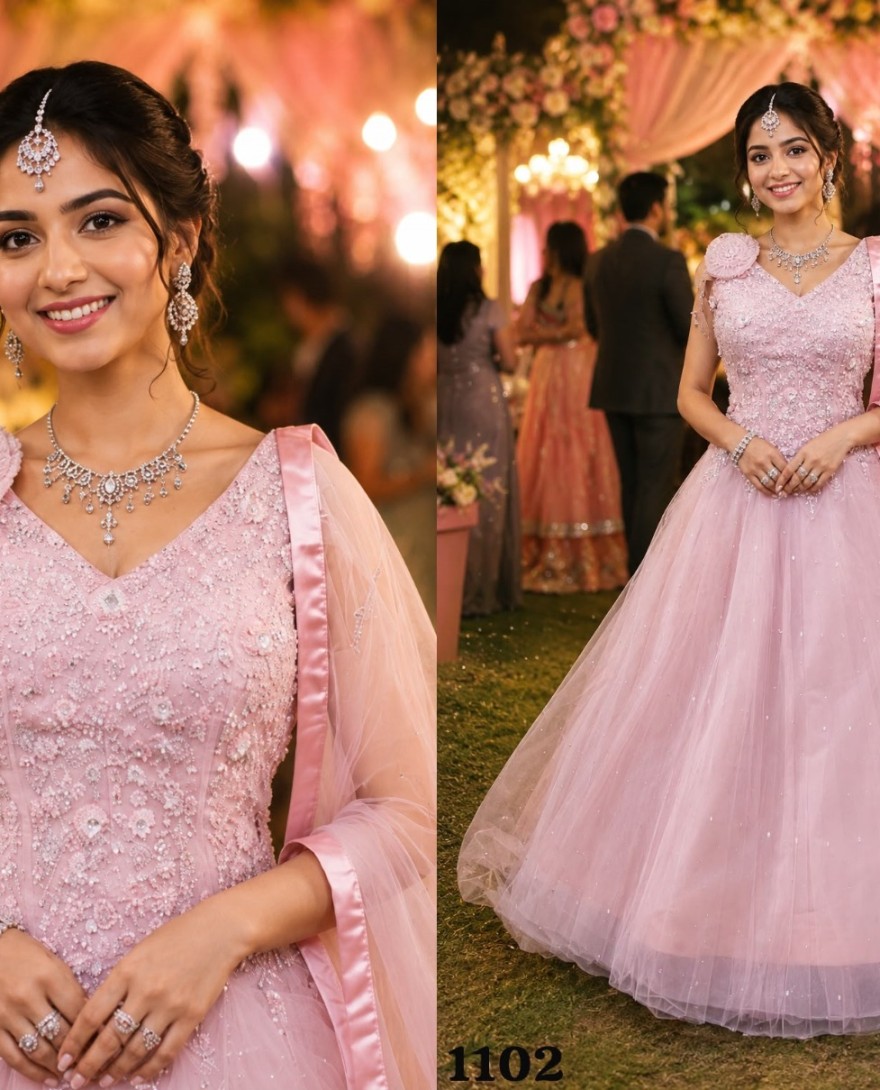PINK - Pink Net Gown with Embroidered Work