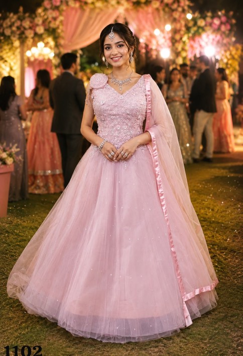 Pink Net Gown with Embroidered Work