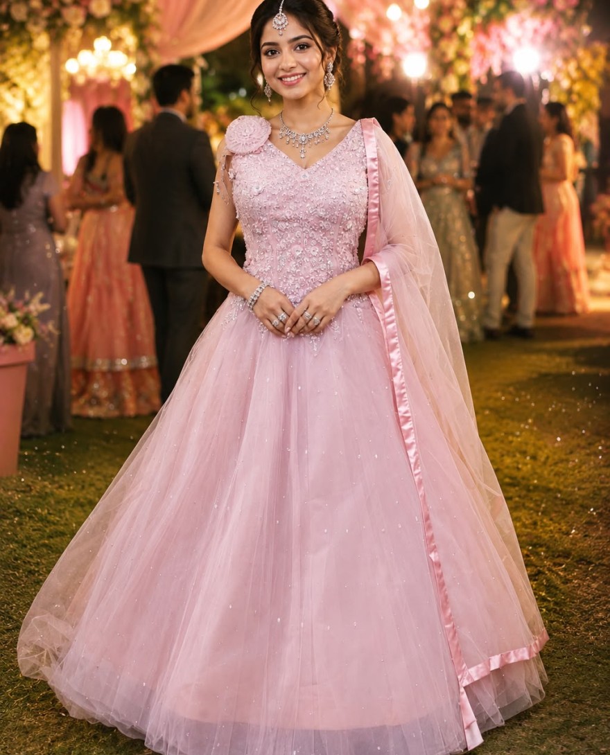 PINK - Pink Net Gown with Embroidered Work