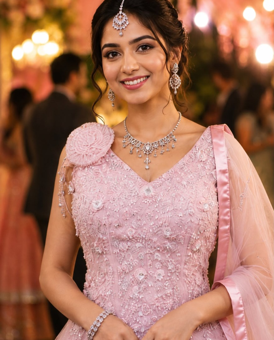 PINK - Pink Net Gown with Embroidered Work