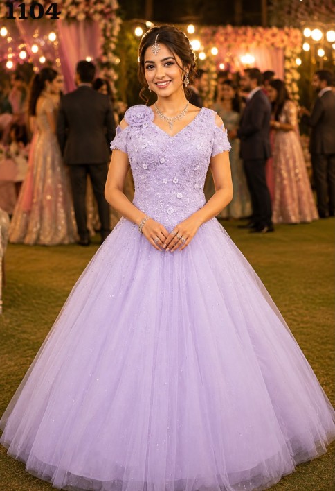 Lavender Net Embroidered Work Designer Gown for Ceremonial