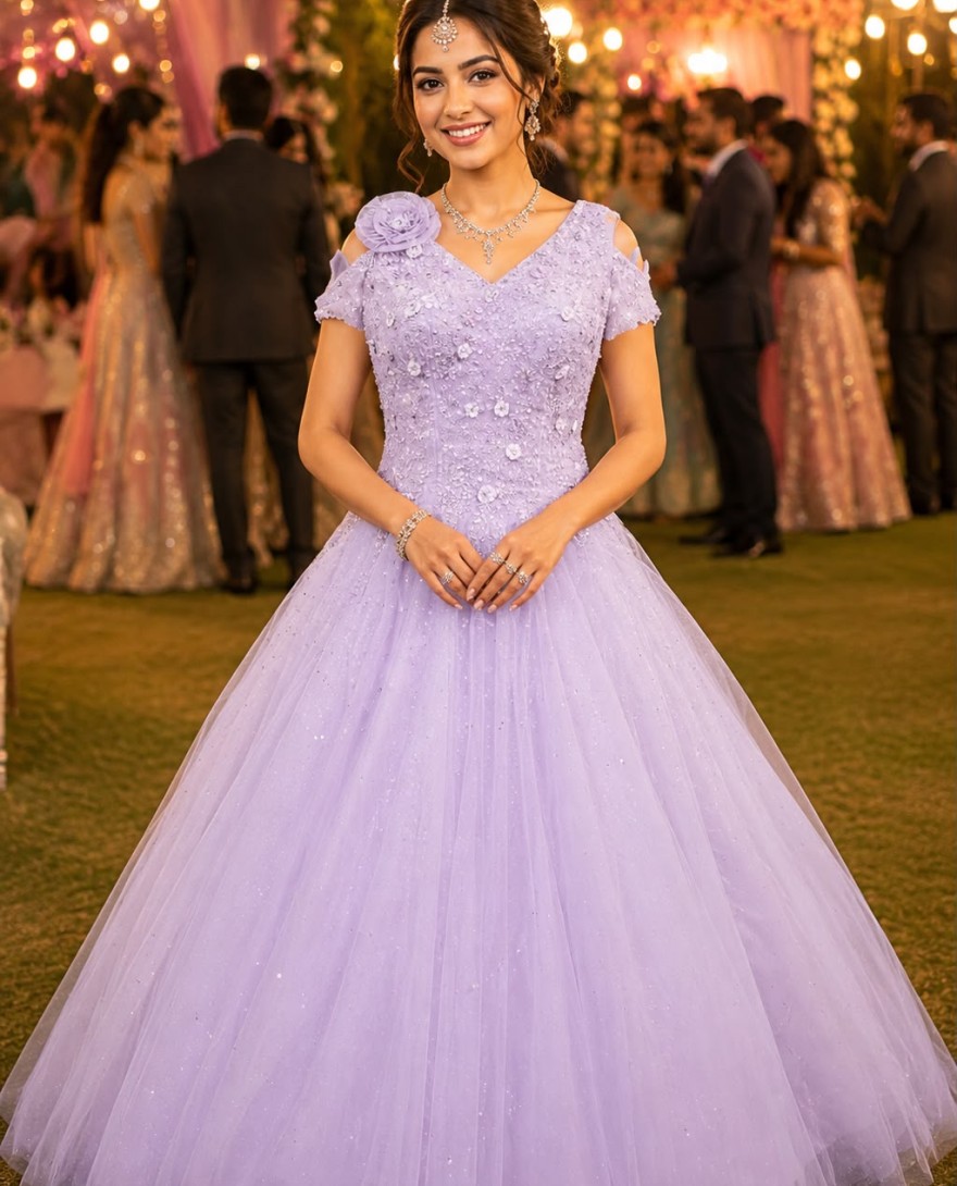 PURPLE - Lavender Net Embroidered Work Designer Gown for Ceremonial