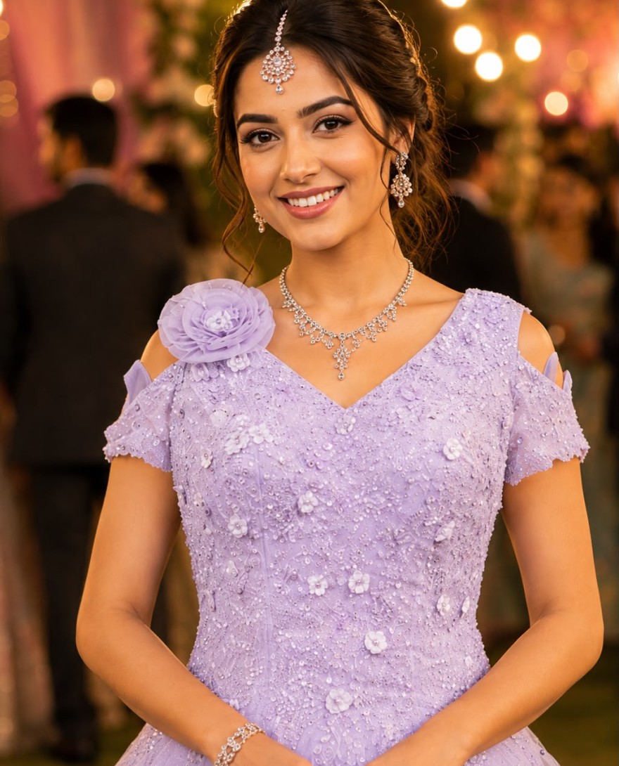 PURPLE - Lavender Net Embroidered Work Designer Gown for Ceremonial