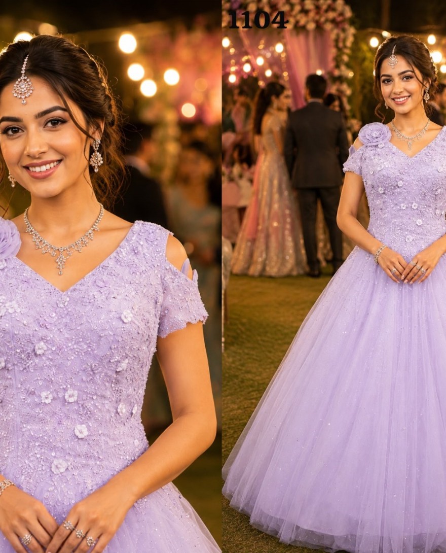 PURPLE - Lavender Net Embroidered Work Designer Gown for Ceremonial