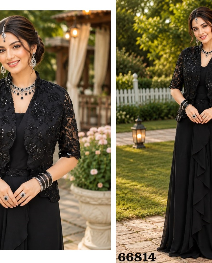 BLACK - Black Lycra Embroidered Classic Designer Saree for Engagement