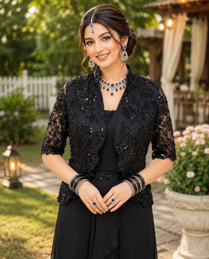 BLACK - Black Lycra Embroidered Classic Designer Saree for Engagement