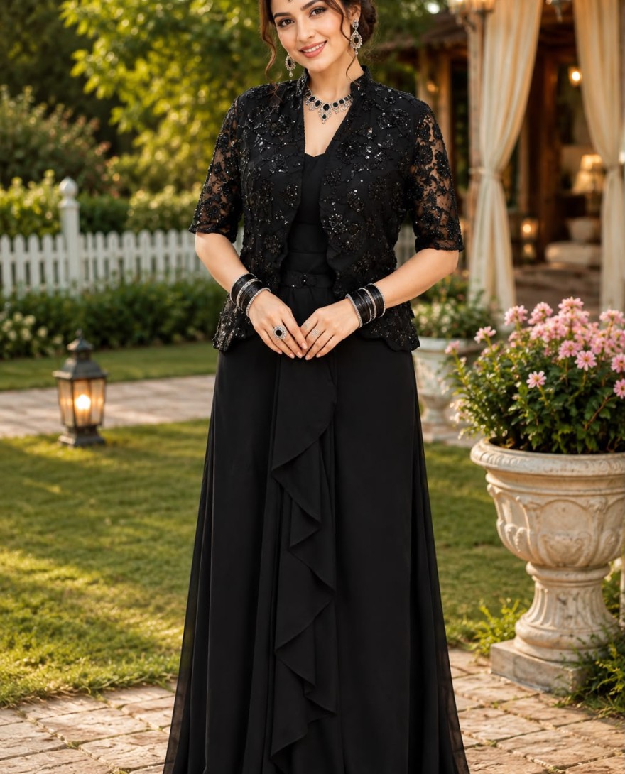 BLACK - Black Lycra Embroidered Classic Designer Saree for Engagement