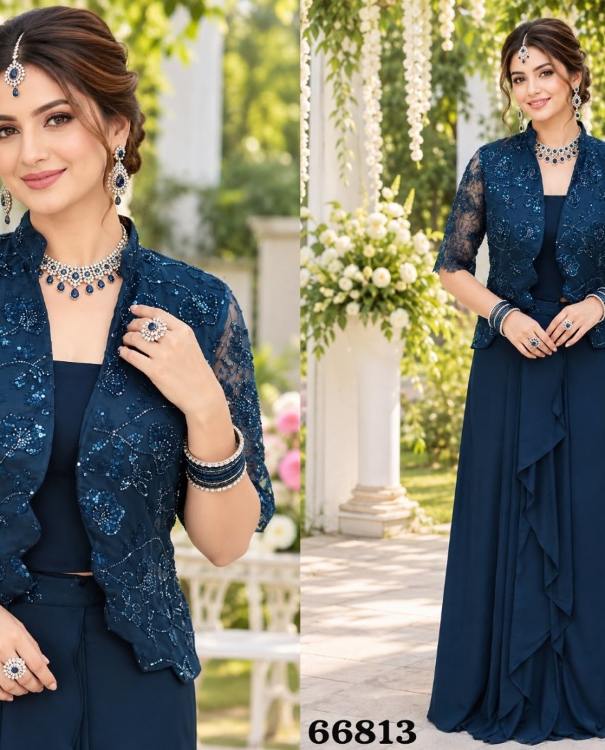 BLUE - Teal Lycra Embroidered Contemporary Saree for Engagement