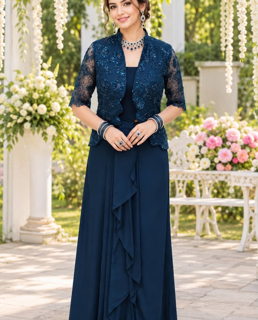 BLUE - Teal Lycra Embroidered Contemporary Saree for Engagement